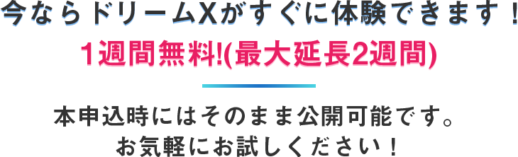 今ならドリームXがすぐに体験できます!1週間無料!(最大延長1週間まで)本お申込み時にはそのまま公開可能です。お気軽にお試しください!