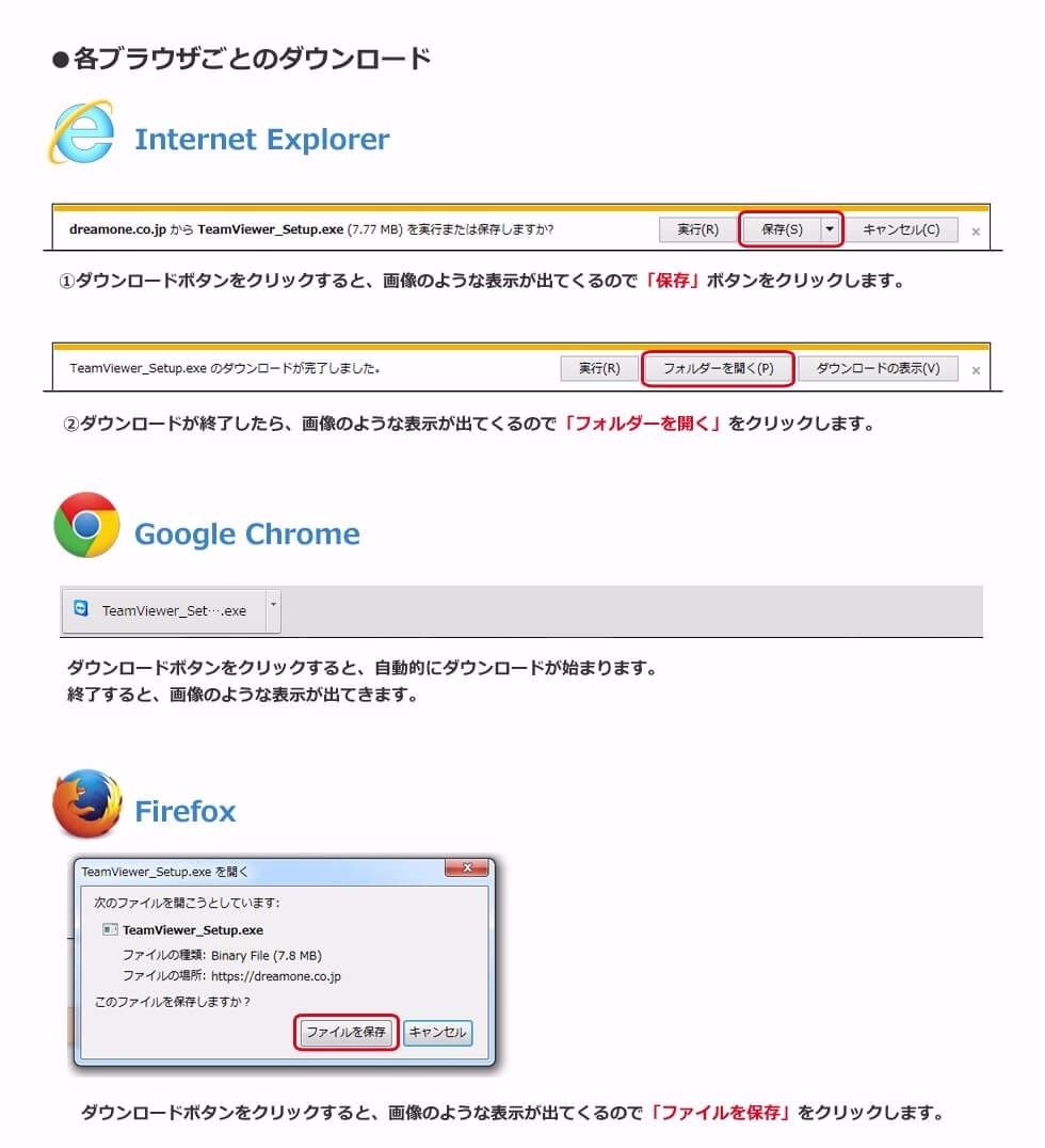 各ブラウザ事のTeamViewerダウンロード手順イメージ画像